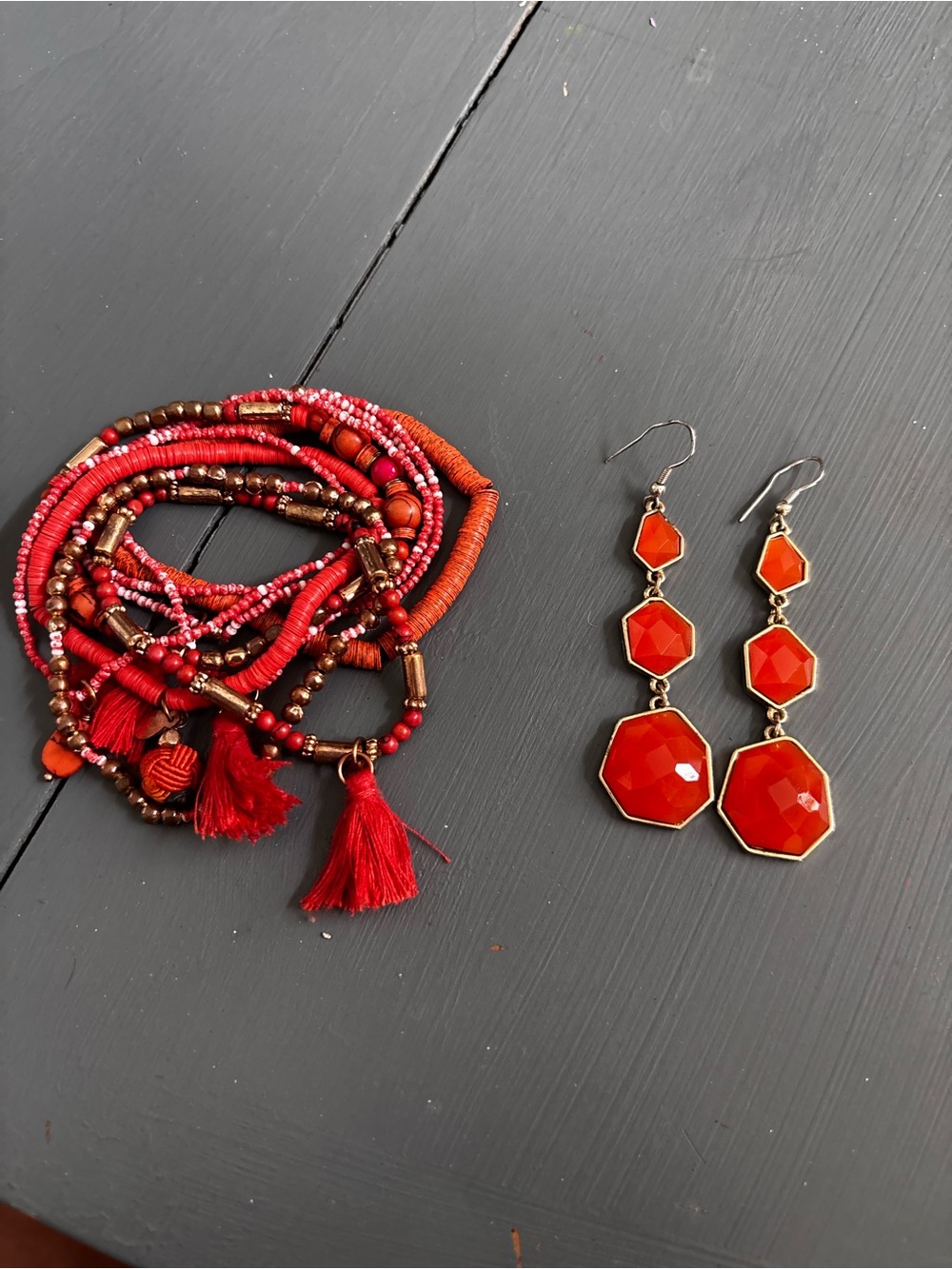 Orange Beaded Bracelet Stack & Orange  Geometric Drop Earrings Set